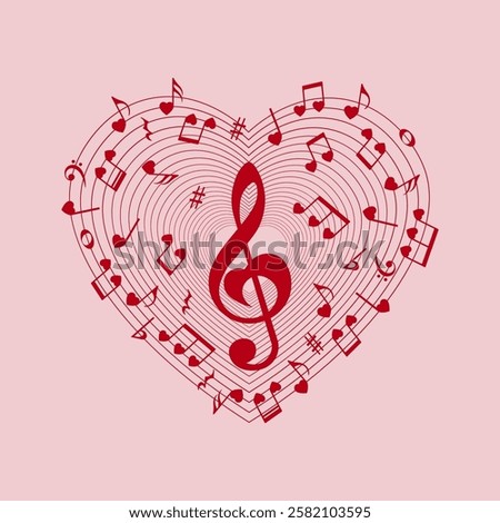Heart shape music notes, red musical pattern, isolated vector illustration.
