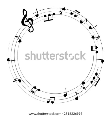 Heart shape music notes,round musical frame, isolated vector illustration.