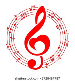 Clef y notas agudos de la música de la forma del corazón, elemento musical redondo, Ilustración vectorial.