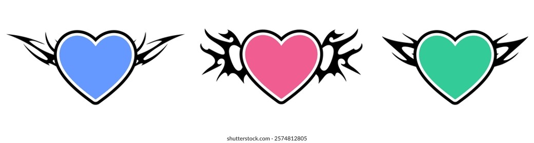 Heart Shape with Neo tribal y2k gothic style tattoo Cyber sigilism spikes and sparks for streetwear print designs, spiky y2k aesthetic vector set