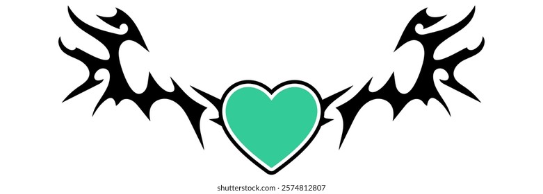 Heart Shape with Neo tribal y2k gothic style tattoo Cyber sigilism spikes and sparks for streetwear print designs, spiky y2k aesthetic vector set