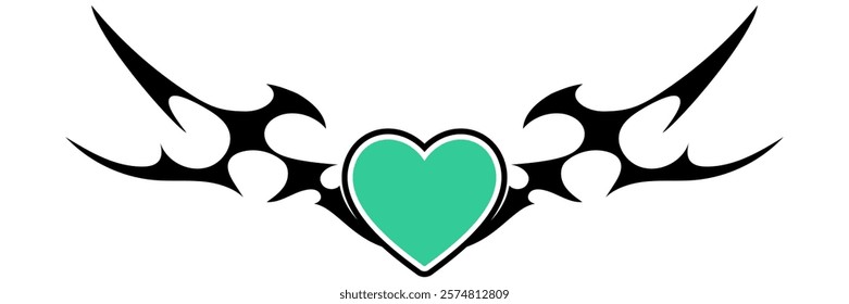 Heart Shape with Neo tribal y2k gothic style tattoo Cyber sigilism spikes and sparks for streetwear print designs, spiky y2k aesthetic vector set