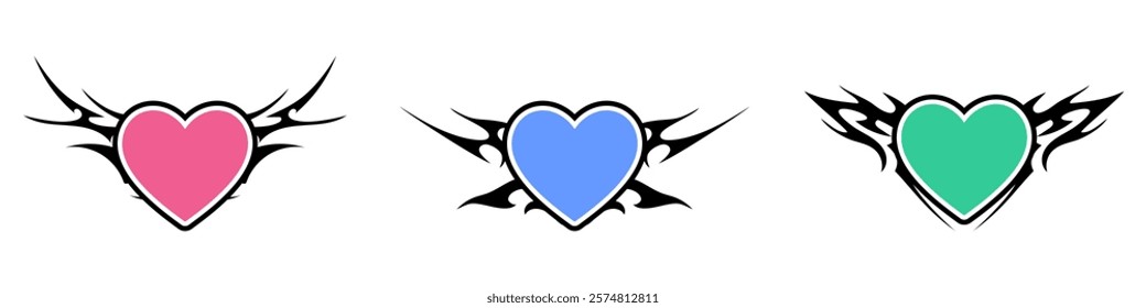 Heart Shape with Neo tribal y2k gothic style tattoo Cyber sigilism spikes and sparks for streetwear print designs, spiky y2k aesthetic vector set