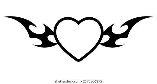 Heart Shape with Neo tribal y2k gothic style tattoo Cyber sigilism spikes and sparks for streetwear print designs, spiky y2k aesthetic vector set