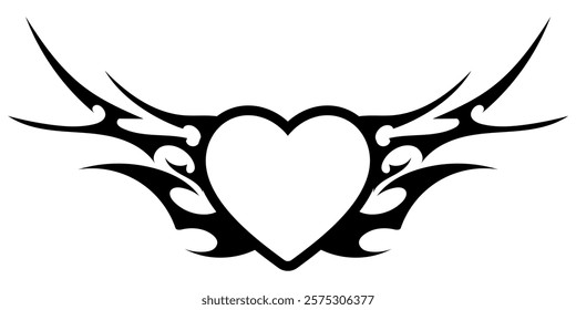 Heart Shape with Neo tribal y2k gothic style tattoo Cyber sigilism spikes and sparks for streetwear print designs, spiky y2k aesthetic vector set