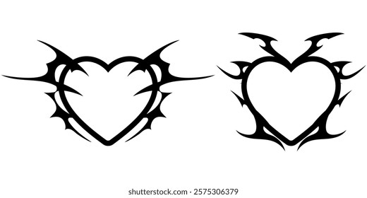 Heart Shape with Neo tribal y2k gothic style tattoo Cyber sigilism spikes and sparks for streetwear print designs, spiky y2k aesthetic vector set