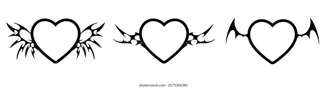 Heart Shape with Neo tribal y2k gothic style tattoo Cyber sigilism spikes and sparks for streetwear print designs, spiky y2k aesthetic vector set