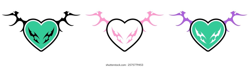 Heart Shape with Neo tribal y2k gothic style tattoo Cyber sigilism spikes and sparks for streetwear print designs, spiky y2k aesthetic vector set