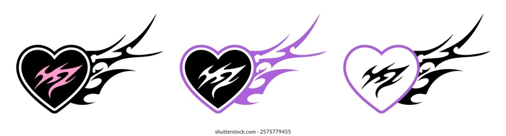 Heart Shape with Neo tribal y2k gothic style tattoo Cyber sigilism spikes and sparks for streetwear print designs, spiky y2k aesthetic vector set