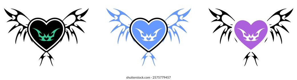 Heart Shape with Neo tribal y2k gothic style tattoo Cyber sigilism spikes and sparks for streetwear print designs, spiky y2k aesthetic vector set