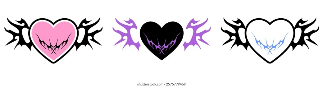 Heart Shape with Neo tribal y2k gothic style tattoo Cyber sigilism spikes and sparks for streetwear print designs, spiky y2k aesthetic vector set