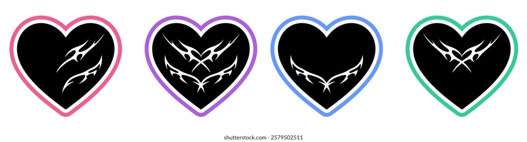 Heart Shape with Neo tribal y2k gothic style tattoo Cyber sigilism spikes and sparks for streetwear print designs, spiky y2k aesthetic vector set