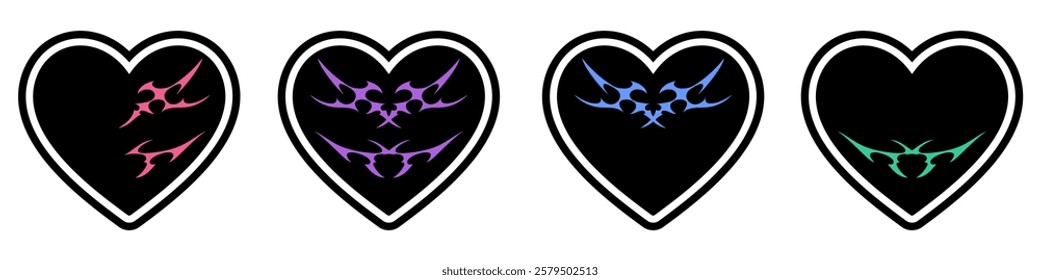 Heart Shape with Neo tribal y2k gothic style tattoo Cyber sigilism spikes and sparks for streetwear print designs, spiky y2k aesthetic vector set