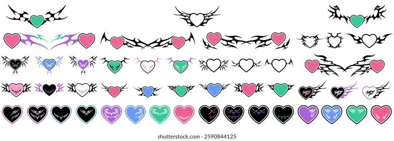 Heart Shape with Neo tribal y2k gothic style tattoo Cyber sigilism spikes and sparks for streetwear print designs, spiky y2k aesthetic vector set