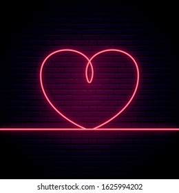 Heart shape neon light of one line. Bright light heart. Happy Valentines Day. Vector banner.