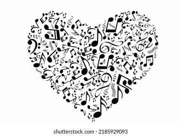 forma del corazón de notas música, icono de la música del amor