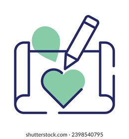 Forma cardíaca en la página con el icono de concepto de lápiz de esbozar en estilo moderno