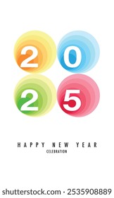 heart shape orange lime green cyan and pink color with number 2025 white color and words happy new year celebration black color, happy new year 2025 vector illustration isolated on white background.