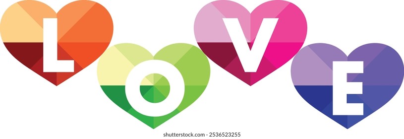 Forma de corazón naranja verde lima rosa y color púrpura con palabras amor color blanco, Ilustración vectorial de palabras de amor aisladas sobre fondo blanco.