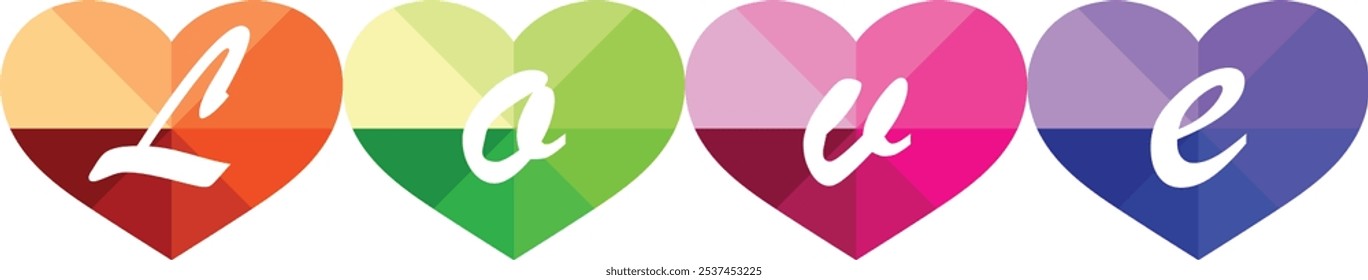 Forma de corazón naranja limebgreen rosa y color púrpura con las palabras amor color blanco, la palabra amor Ilustración vectorial aislada sobre fondo blanco.