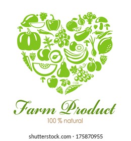 Heart shape with organic food icons. Vegetables and fruits