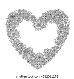 Heart shape ornament of snowflakes with decorative items, Black and white . Zentangle patters.  The best for your design, textiles, posters, coloring book