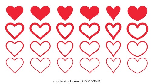 Heart shape outline clipart drawing set. Red love heart icon linear symbol elements for valentine, wedding and anniversary clip art collection. Vector illustration valentine's day flat sign.
