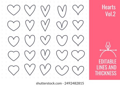 Heart shape outline collection, editable line, set of heart symbols, different designs for web, vector illustration