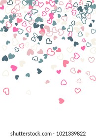 Heart shape outline love background vector. Romantic feelings, relationships concept pattern. Flying hearts scatter Valentine's day decoration. Tenderness, passion, love mood design in pink, grey.
