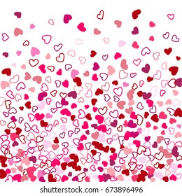 Heart shape outline love background vector. Romantic feelings, relationships concept pattern. Flying red hearts confetti Valentine's day decoration. Tenderness, passion, love mood graphic design.