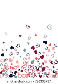 Heart shape outline love background vector. Romantic feelings, relationships concept pattern. Flying hearts scatter Valentine's day decoration. Tenderness, passion, love mood graphic design on white.