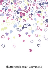 Heart shape outline love background vector. Romantic feelings, relationships concept pattern. Flying hearts scatter Valentine's day decoration. Tenderness, passion, love mood design in pink, blue.