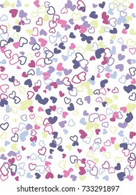 Heart shape outline love background vector. Romantic feelings, relationships concept pattern. Flying hearts scatter Valentine's day decoration. Tenderness, passion, love mood design in pink, blue.