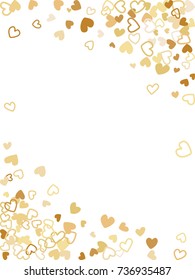 Heart shape outline love background vector. Romantic feelings, relationships concept pattern. Flying hearts scatter Valentine's day decoration. Tenderness, passion, love mood graphic design in gold.