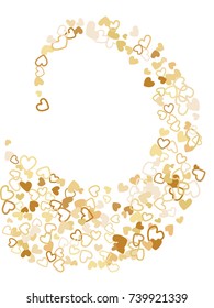 Heart shape outline love background vector. Romantic feelings, relationships concept pattern. Flying hearts scatter Valentine's day decoration. Tenderness, passion, love mood graphic design in gold.