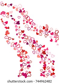 Heart shape outline love background vector. Romantic feelings, relationships concept pattern. Flying hearts scatter Valentine's day decoration. Tenderness, passion, love mood graphic design in red.