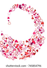Heart shape outline love background vector. Romantic feelings, relationships concept pattern. Flying hearts scatter Valentine's day decoration. Tenderness, passion, love mood graphic design in red.