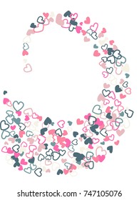 Heart shape outline love background vector. Romantic feelings, relationships concept pattern. Flying hearts scatter Valentine's day decoration. Tenderness, passion, love mood design in pink, grey.