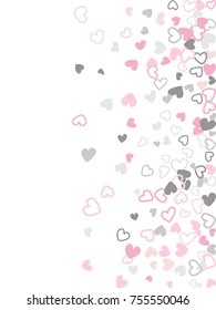 Heart shape outline love background vector. Romantic feelings, relationships concept pattern. Flying hearts scatter Valentine's day decoration. Tenderness, passion, love mood design in pink, grey.