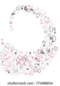 Heart shape outline love background vector. Romantic feelings, relationships concept pattern. Flying hearts scatter Valentine's day decoration. Tenderness, passion, love mood design in pink, grey.