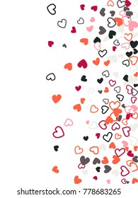 Heart shape outline love background vector. Romantic feelings, relationships concept pattern. Flying hearts scatter Valentine's day decoration. Tenderness, passion, love mood design in red, grey.