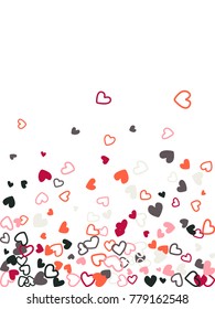 Heart shape outline love background vector. Romantic feelings, relationships concept pattern. Flying hearts scatter Valentine's day decoration. Tenderness, passion, love mood design in red, grey.