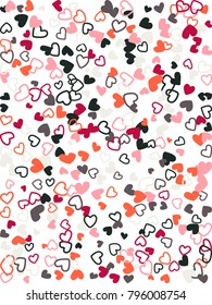 Heart shape outline love background vector. Romantic feelings, relationships concept pattern. Flying hearts scatter Valentine's day decoration. Tenderness, passion, love mood design in red, grey.