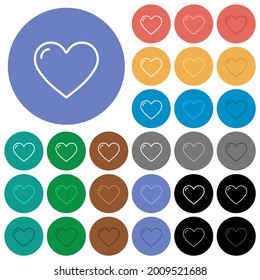 Heart shape outline multi colored flat icons on round backgrounds. Included white, light and dark icon variations for hover and active status effects, and bonus shades.