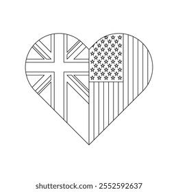 heart shape outline of union jack and american flag. vector illustration isolated on white background