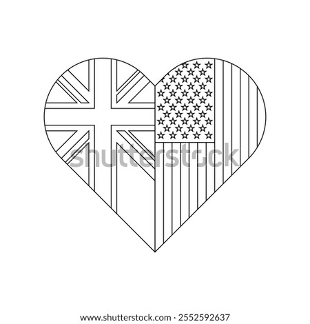 heart shape outline of union jack and american flag. vector illustration isolated on white background