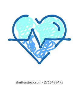 Forma do coração delineada com uma linha de eletrocardiograma e preenchida com rabiscos azuis giratórios, representando conceitos de saúde, bem-estar, cardiologia e vitalidade em um estilo de desenho conceitual