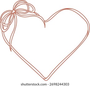 Uma forma de coração delineada com uma fita amarrada em um arco no canto superior esquerdo. O estilo de arte de linha enfatiza a simplicidade e a elegância. Ilustração de vetor de desenhos animados.