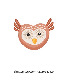 Heart shape owl owlet face flat cartoon icon isolated. Vector lovely bird of prey with funny big eyes. Vector emoticon or avatar design, kids toy face mask, howlet with beak. Happy barn, comic emoji