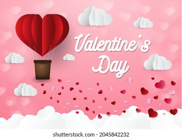 a heart shape. paper art style. valentine day. Origami made hot air balloon